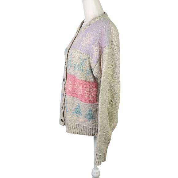 Vintage 80s Woolrich oatmeal cream snowflake wool cardigan sweater M - Picture 3 of 6